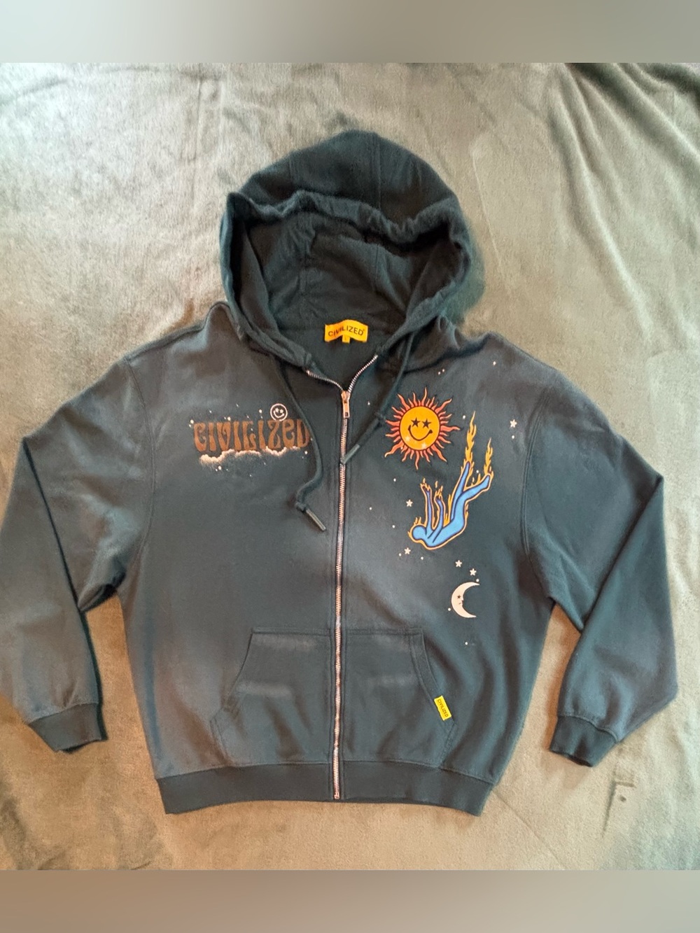 Civilized Green  Zip-Up Hoodie with Sun, Moon & Multi Graphics, Size: L (6574)